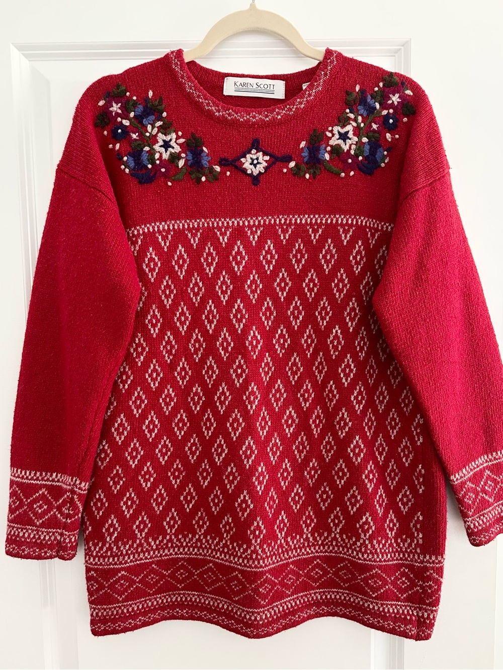 Vintage Fair Isle Floral Embroidered Wool Blend Holiday Sweater- Teacher Style